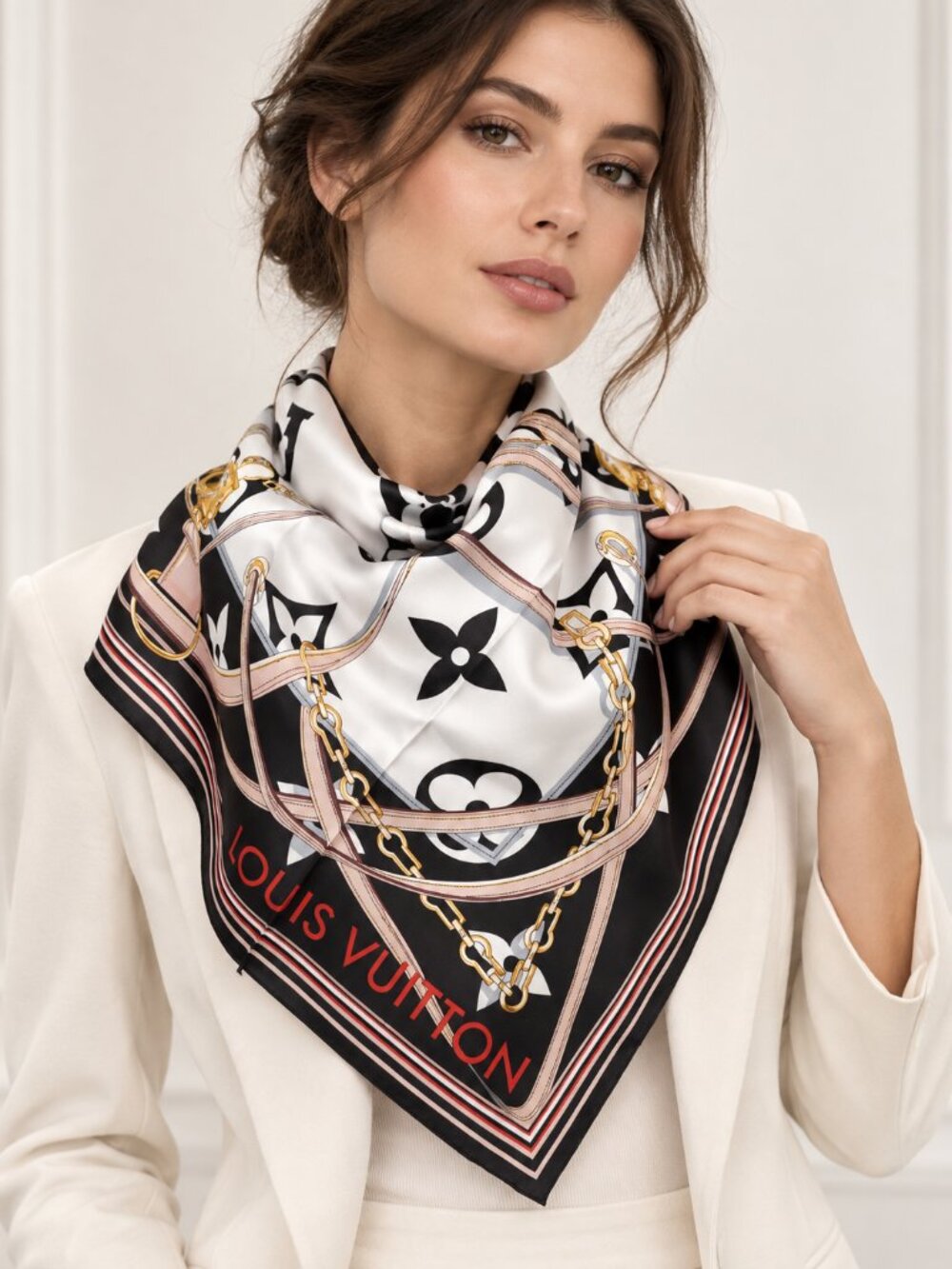 Luxury Monogram Silk Scarf Black White Chain Belt Print Square Scarf